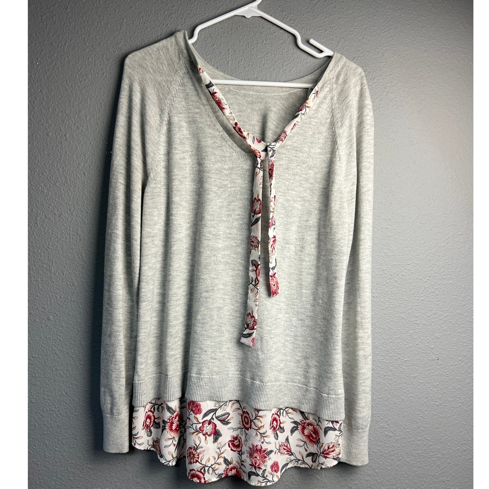 LOFT Womens XL Gray Mixed Media Floral Hem Back Tie Knit Sweater 70's Retro